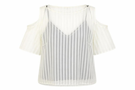 Front view of Rivwer Island women’s ivory striped polyester basic blouse, size UK 18, boat neck - cold shoulder