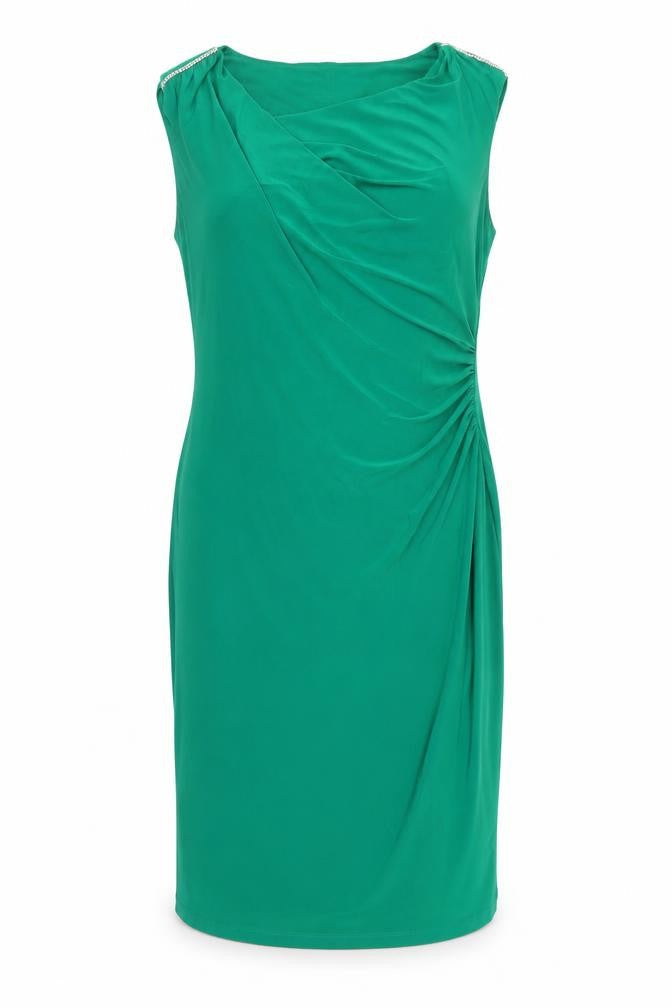 Front view of Scarlett women’s green polyester pencil dress, size UK 10, cowl neck pullover - ruched