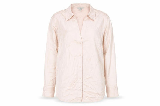 Front view of H&M women’s pink polyester basic button-up, size XL, collared