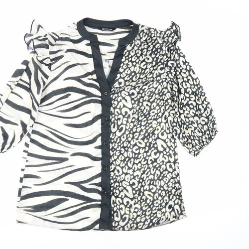 Kaleidoscope Womens Black Animal Print Polyester Basic Button-Up Size 10 V-Neck