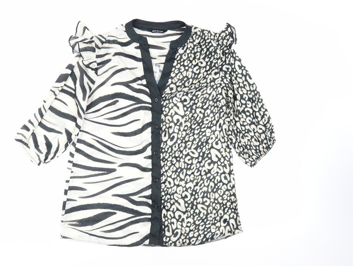 Kaleidoscope Womens Black Animal Print Polyester Basic Button-Up Size 10 V-Neck