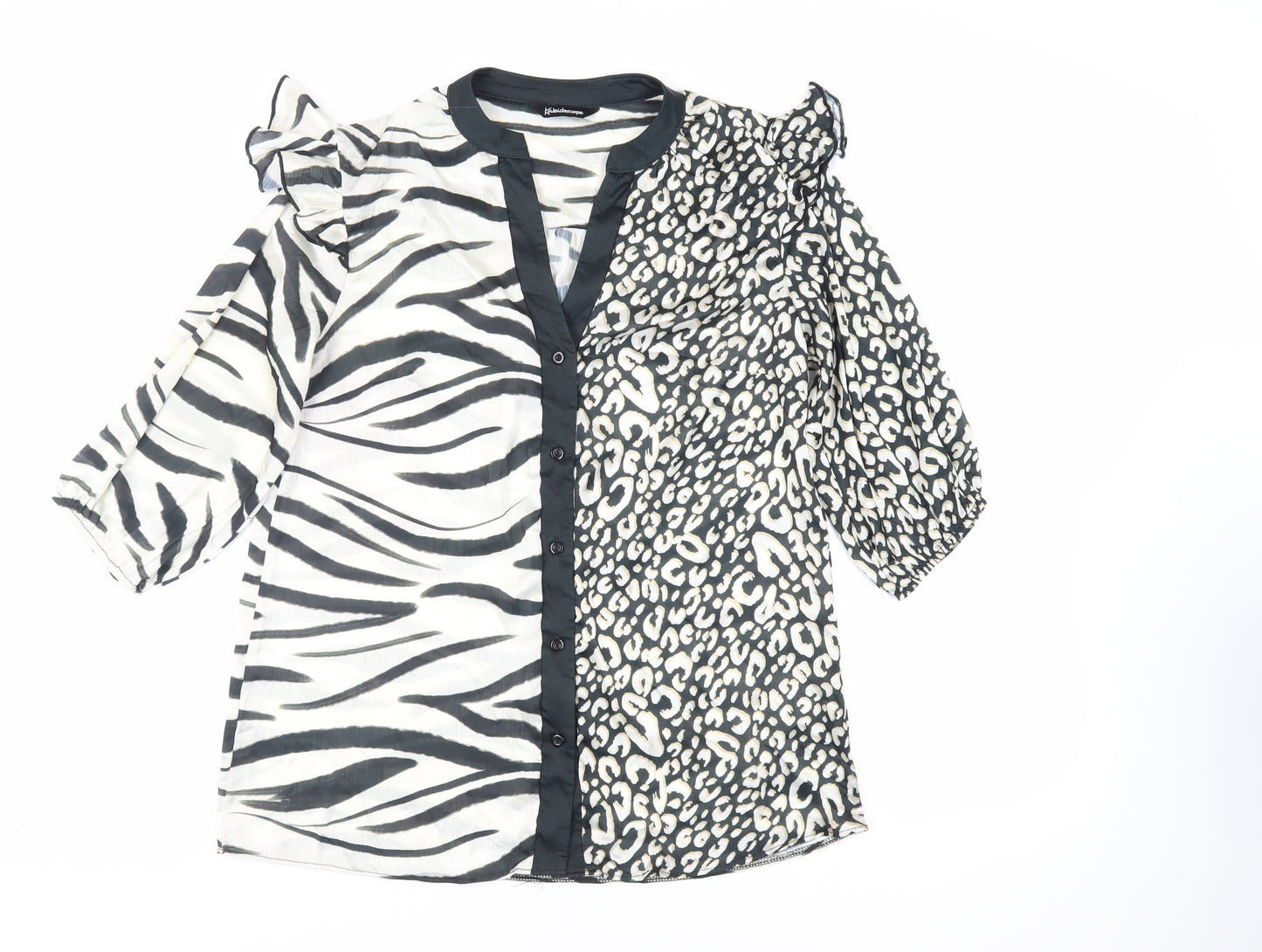 Kaleidoscope Womens Black Animal Print Polyester Basic Button-Up Size 10 V-Neck