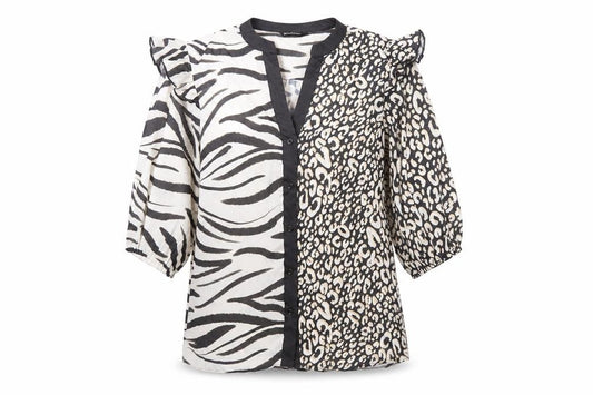 Front view of Kaleidoscope women’s black animal print polyester basic button-up, size UK 10, v-neck