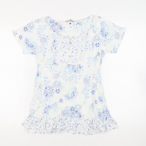 Marks and Spencer Womens Blue Floral Cotton Basic T-Shirt Size 8 Boat Neck - Ruffle