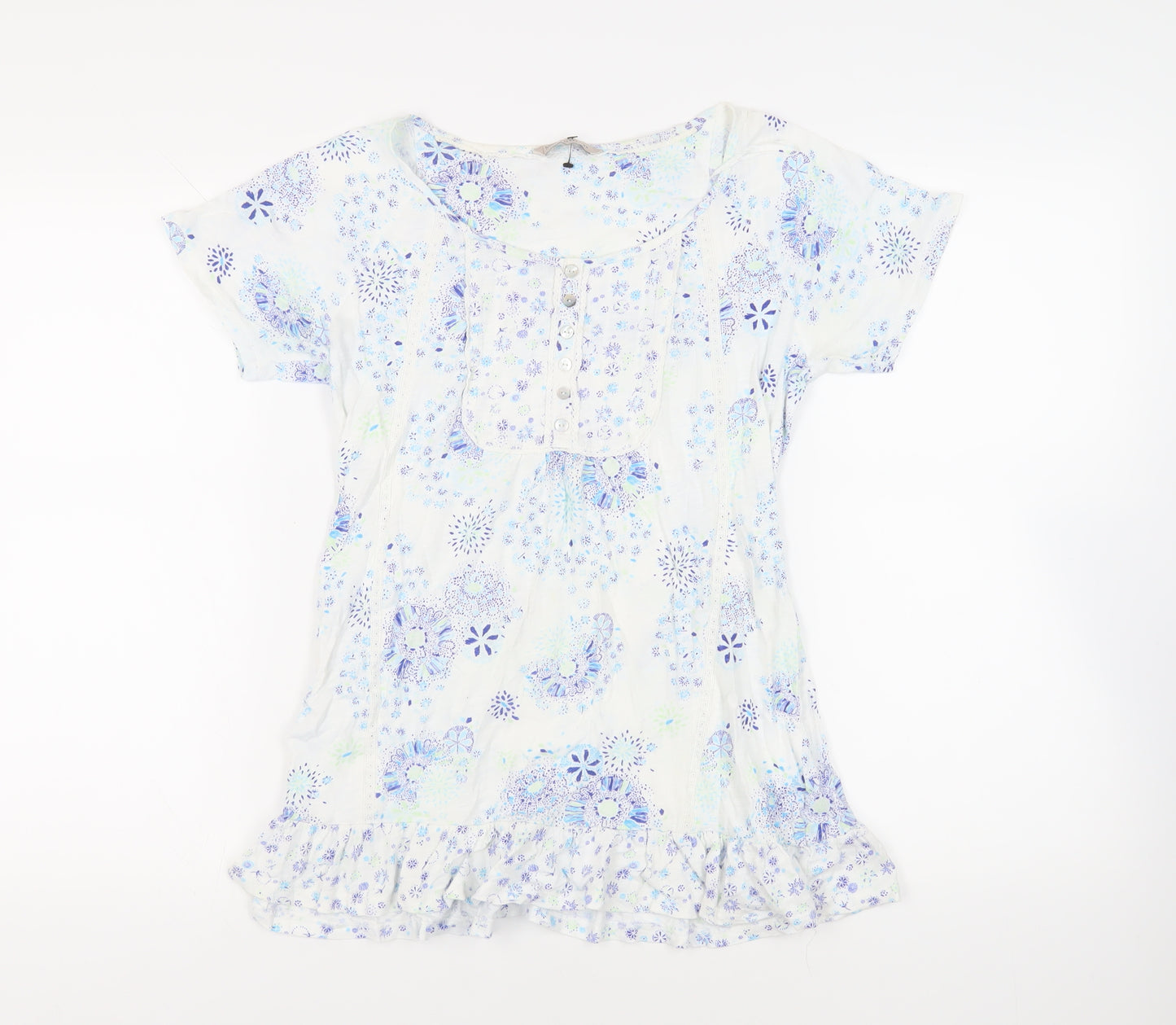 Marks and Spencer Womens Blue Floral Cotton Basic T-Shirt Size 8 Boat Neck - Ruffle