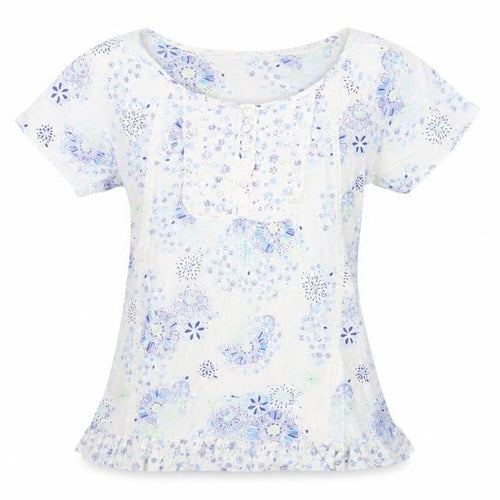 Marks and Spencer Womens Blue Floral Cotton Basic T-Shirt Size 8 Boat Neck - Ruffle