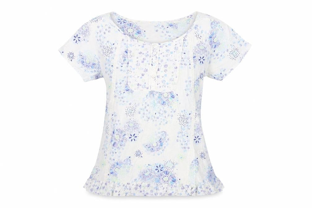 Marks and Spencer Womens Blue Floral Cotton Basic T-Shirt Size 8 Boat Neck - Ruffle