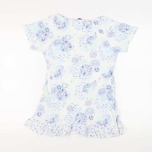Marks and Spencer Womens Blue Floral Cotton Basic T-Shirt Size 8 Boat Neck - Ruffle