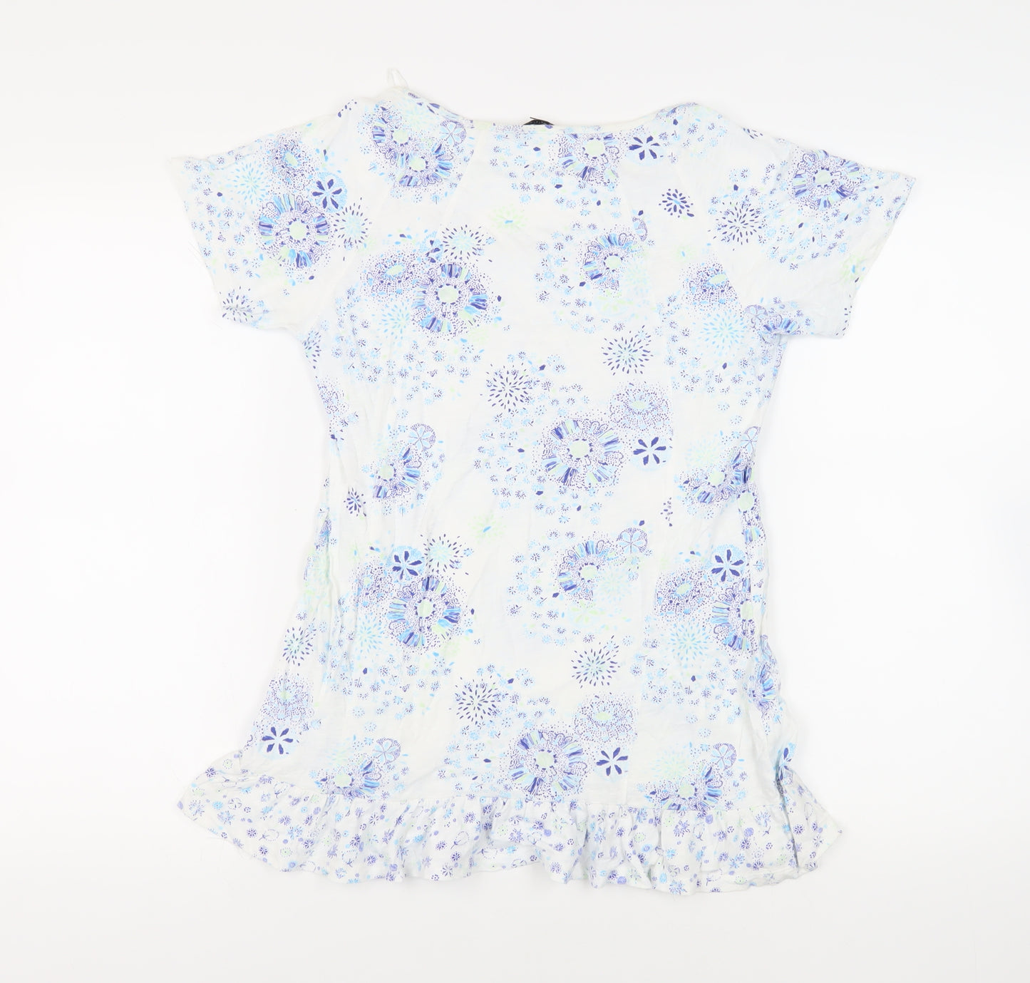 Marks and Spencer Womens Blue Floral Cotton Basic T-Shirt Size 8 Boat Neck - Ruffle