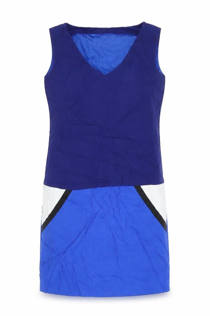 Front view of ESPRIT women’s blue colourblock viscose shift, size UK 24, v-neck zip