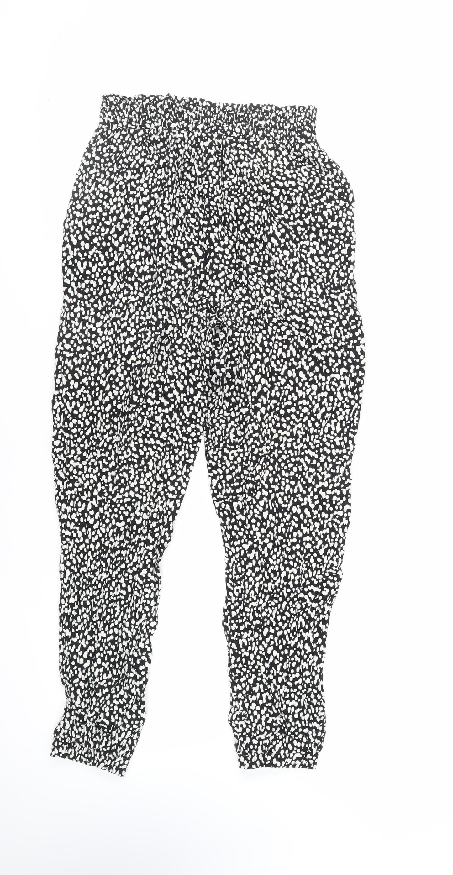 New Look Womens Black Animal Print Viscose Jogger Trousers Size 8 L27 in Regular Drawstring - Elasticated Waist