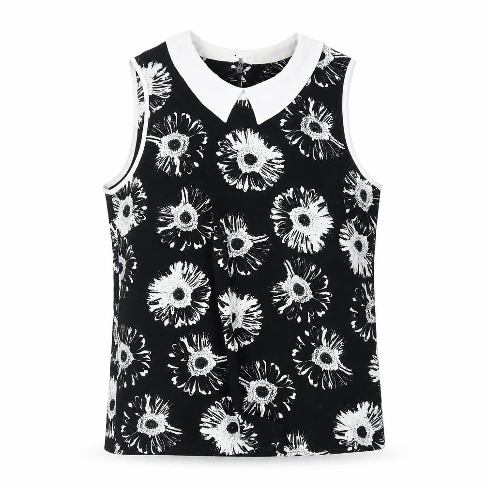 Front view of Marks & Spencer women’s black floral polyester basic blouse, size UK 10, collared
