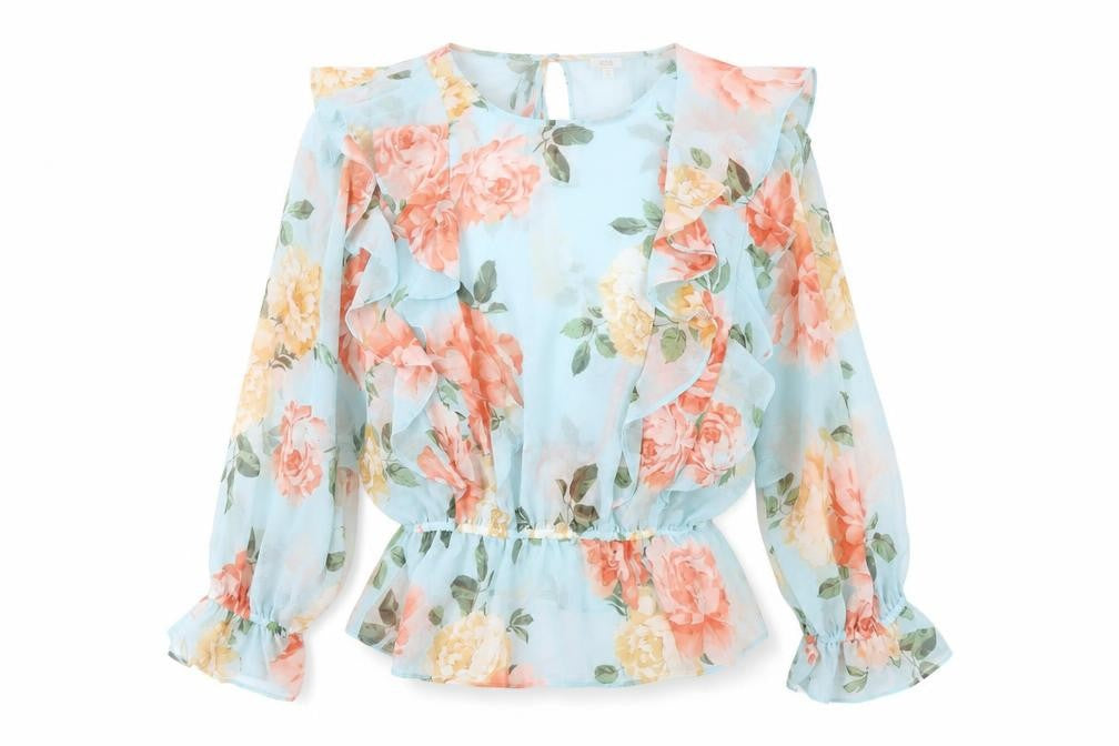 Front view of River Island women’s blue floral polyester basic blouse, size UK 12, round neck - sheer
