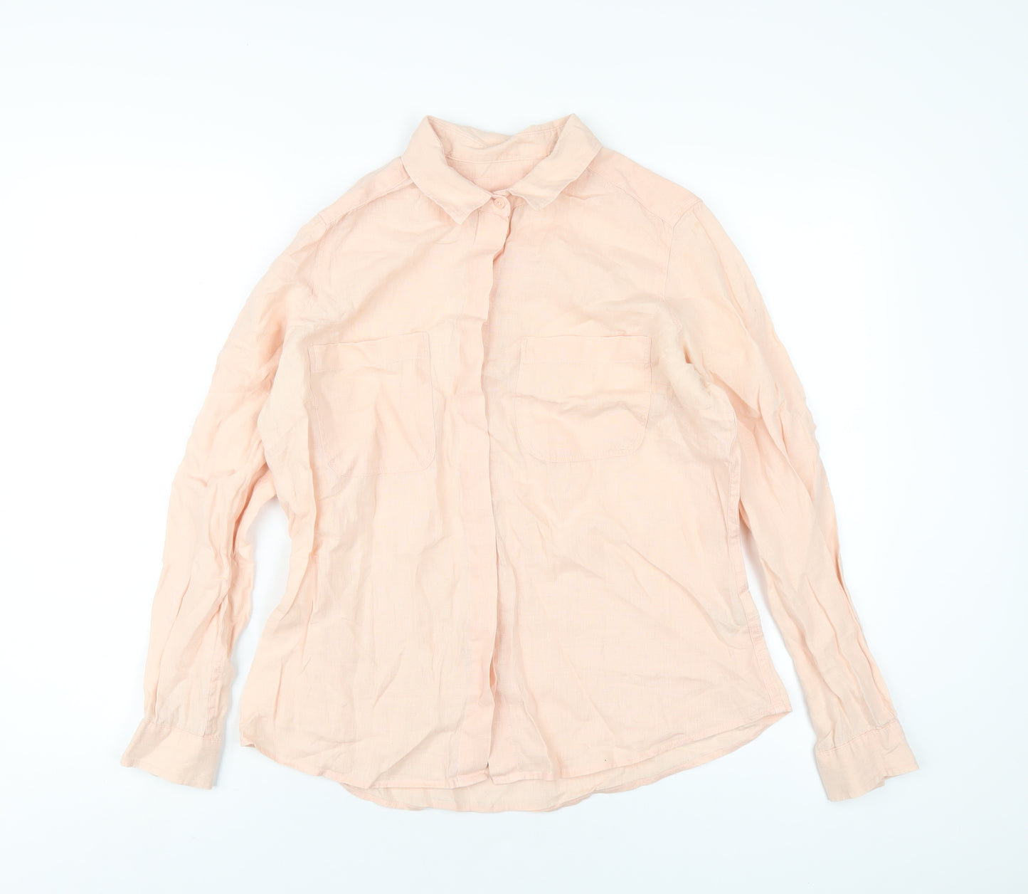 Marks and Spencer Womens Pink Linen Basic Button-Up Size 12 Collared