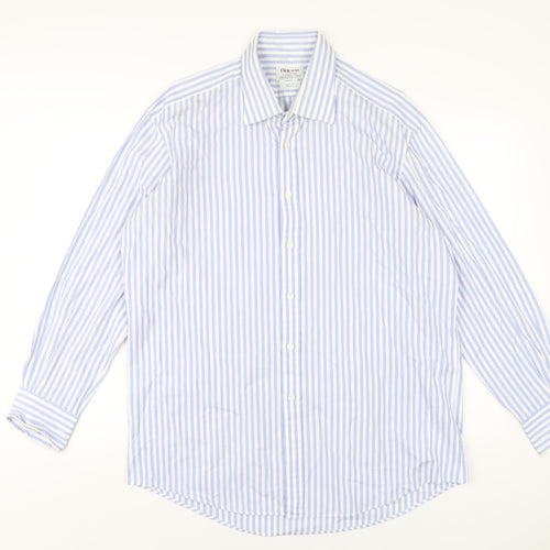 T.M.Lewin Mens Blue Striped Cotton Dress Shirt Size 17 Collared Button