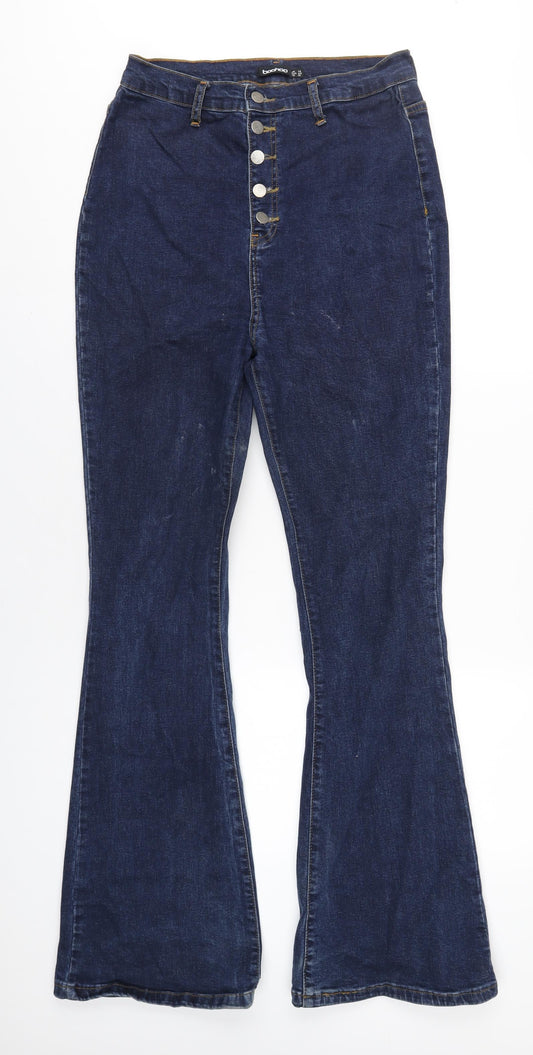 Boohoo Womens Blue Cotton Bootcut Jeans Size 14 L33 in Regular Button