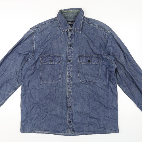 Lands' End Mens Blue Cotton Button-Up Size M Collared Button