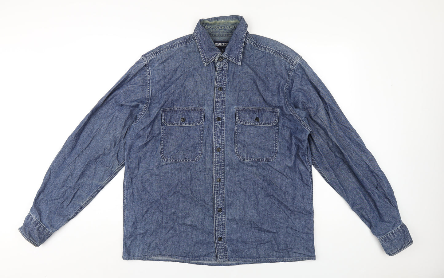 Lands' End Mens Blue Cotton Button-Up Size M Collared Button