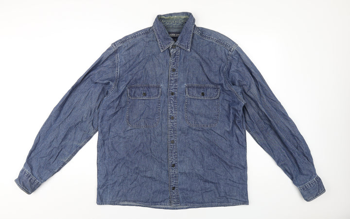 Lands' End Mens Blue Cotton Button-Up Size M Collared Button