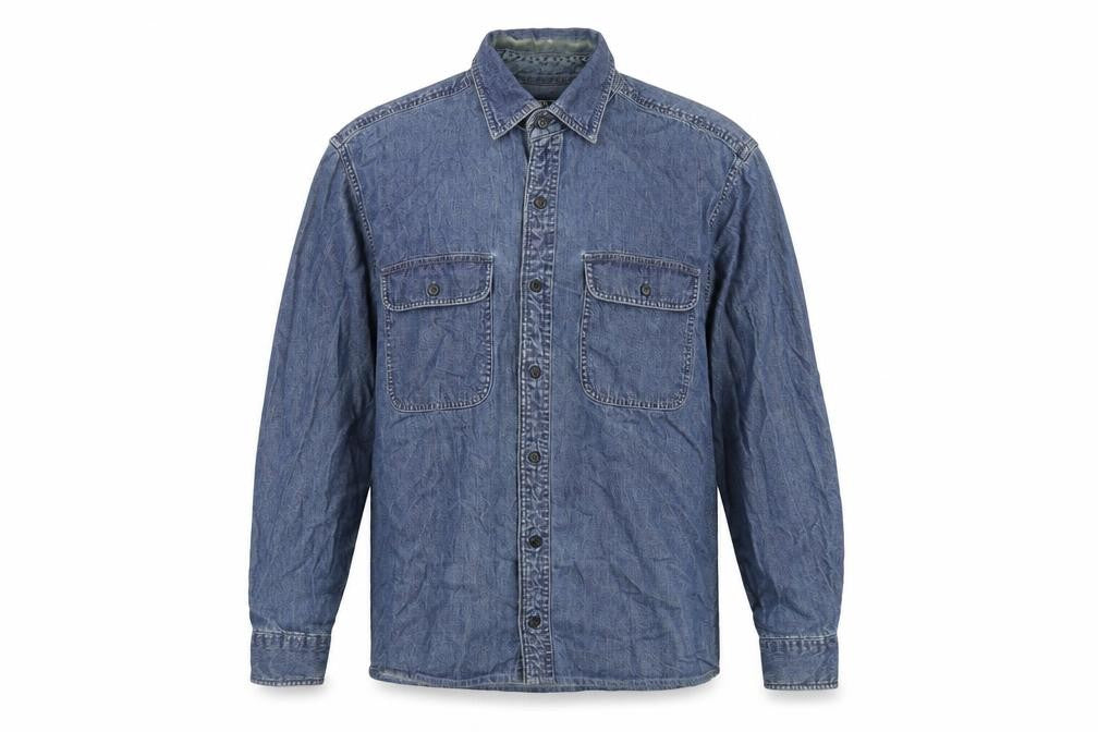 Front view of Lands' End men’s blue cotton button-up, size M, collared button