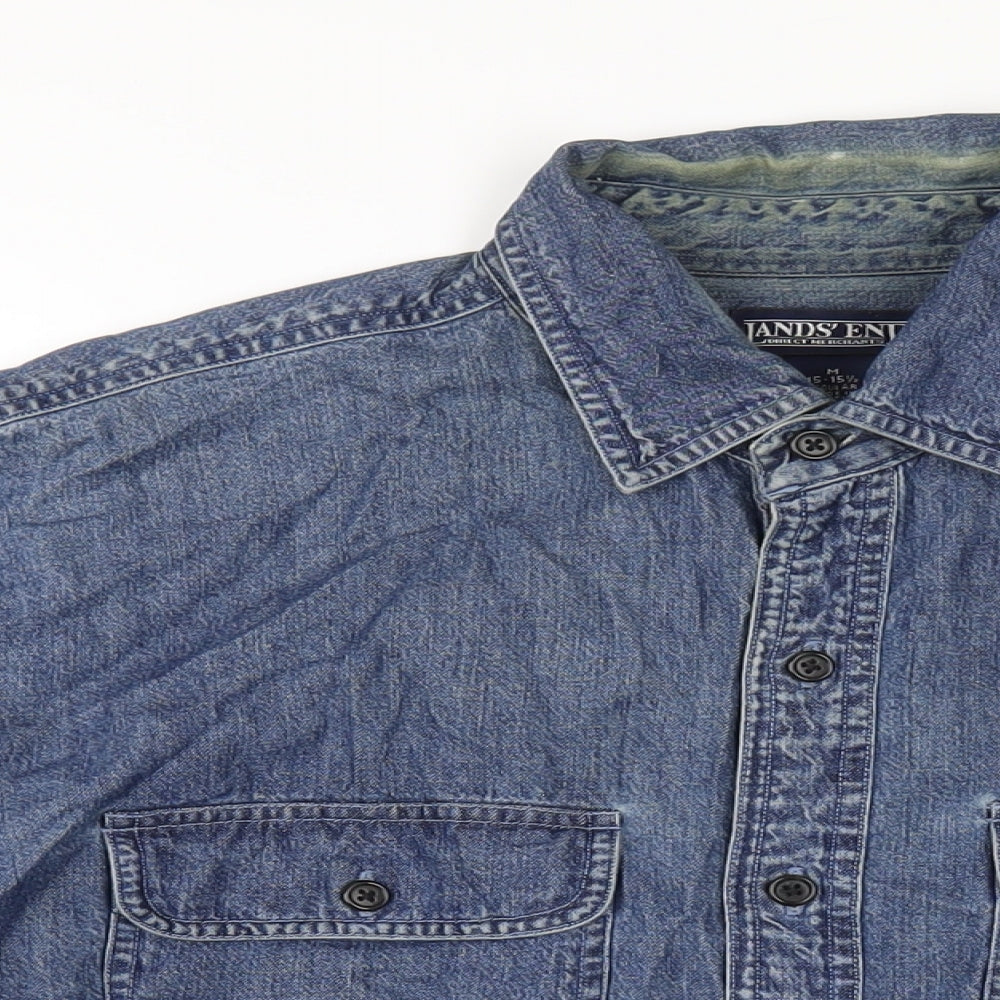 Lands' End Mens Blue Cotton Button-Up Size M Collared Button