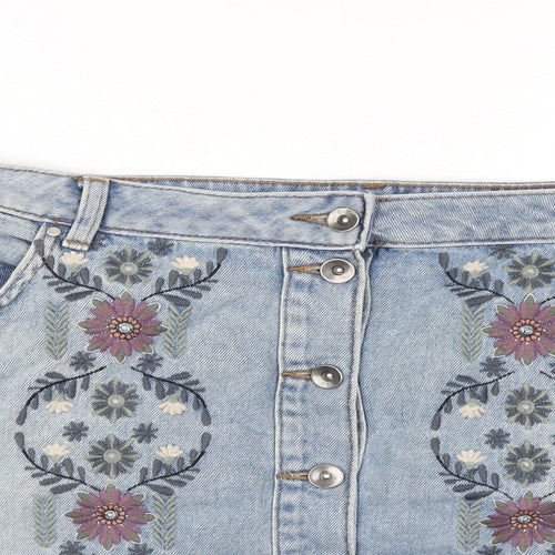 TU Womens Blue Floral Cotton A-Line Skirt Size 20 Button