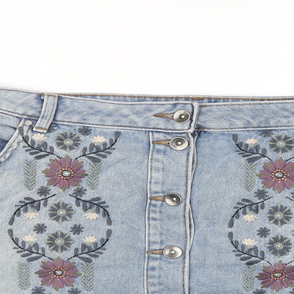 TU Womens Blue Floral Cotton A-Line Skirt Size 20 Button