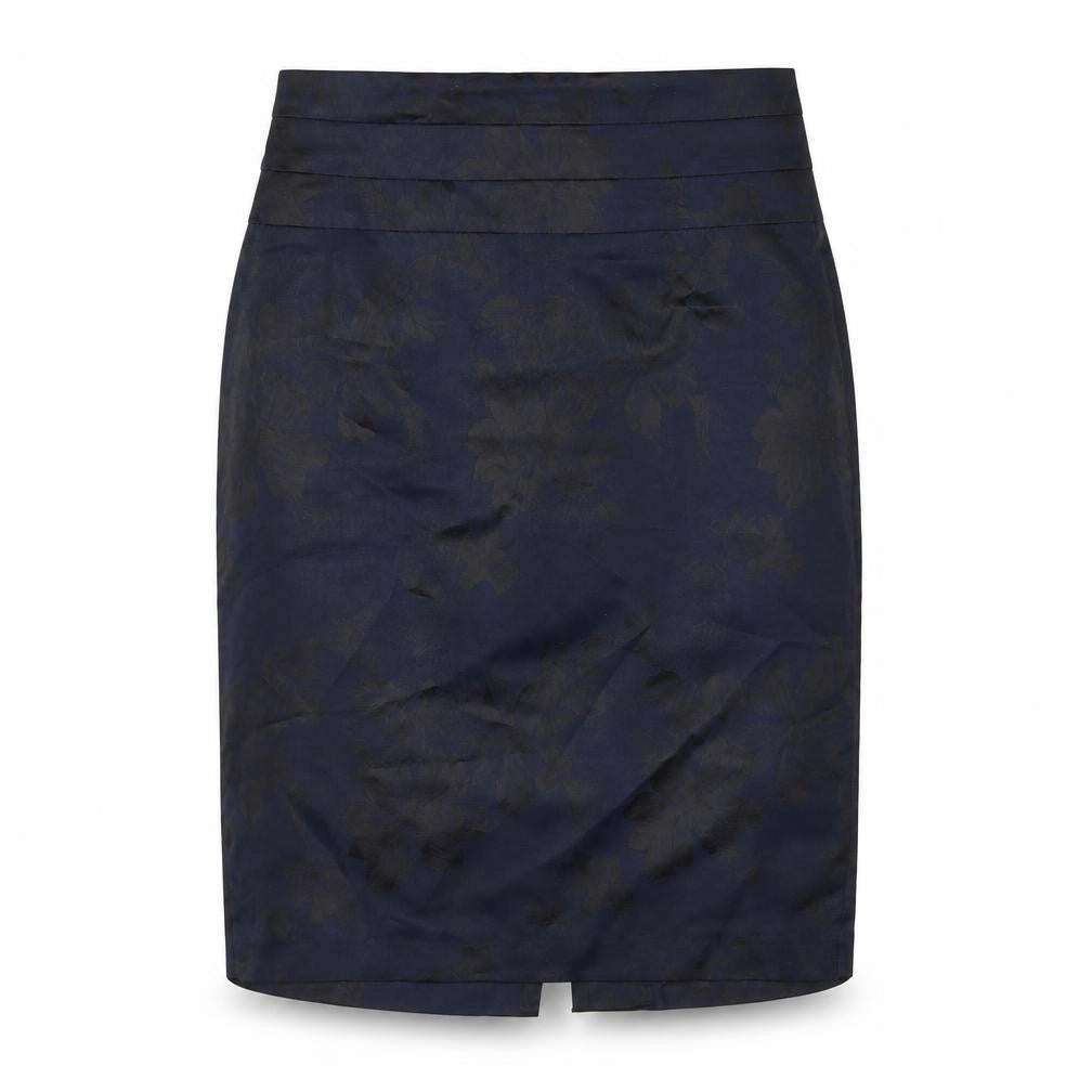 Front view of H&M women’s blue floral polyester a-line skirt, size UK 4, zip