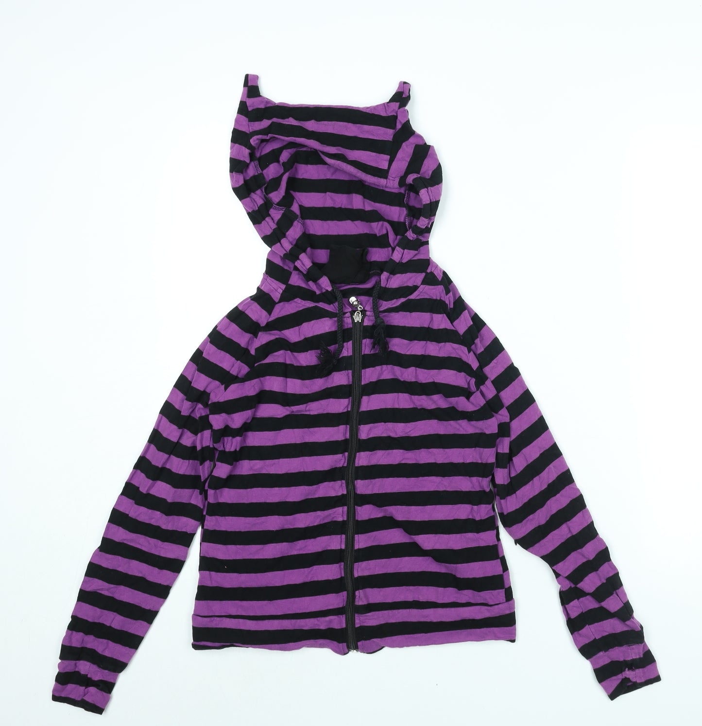 BANNED Womens Purple Striped Cotton Full Zip Hoodie Size M Zip - Horn Hood