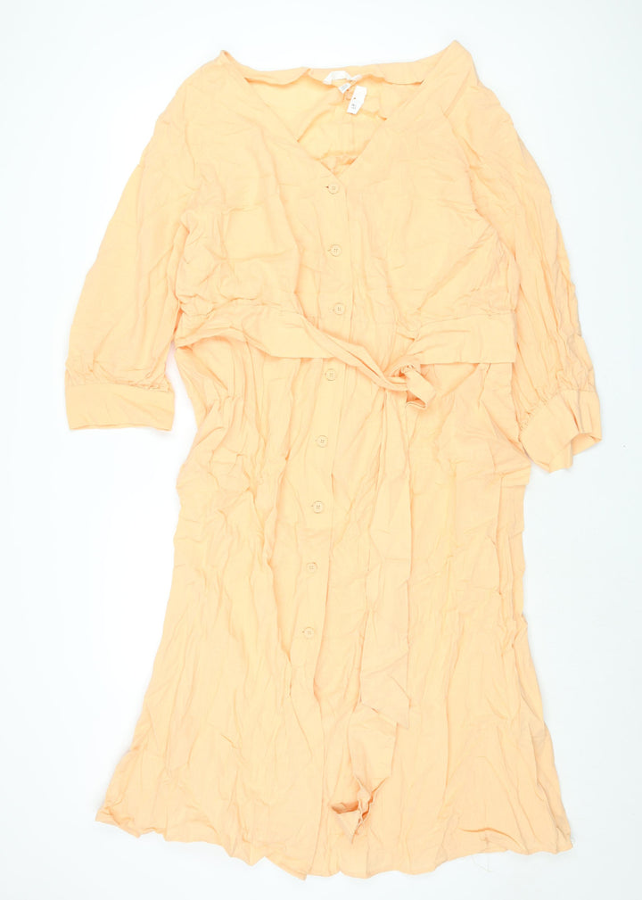 H&M Womens Orange Cotton Shift Size 2XL V-Neck Button - Belted