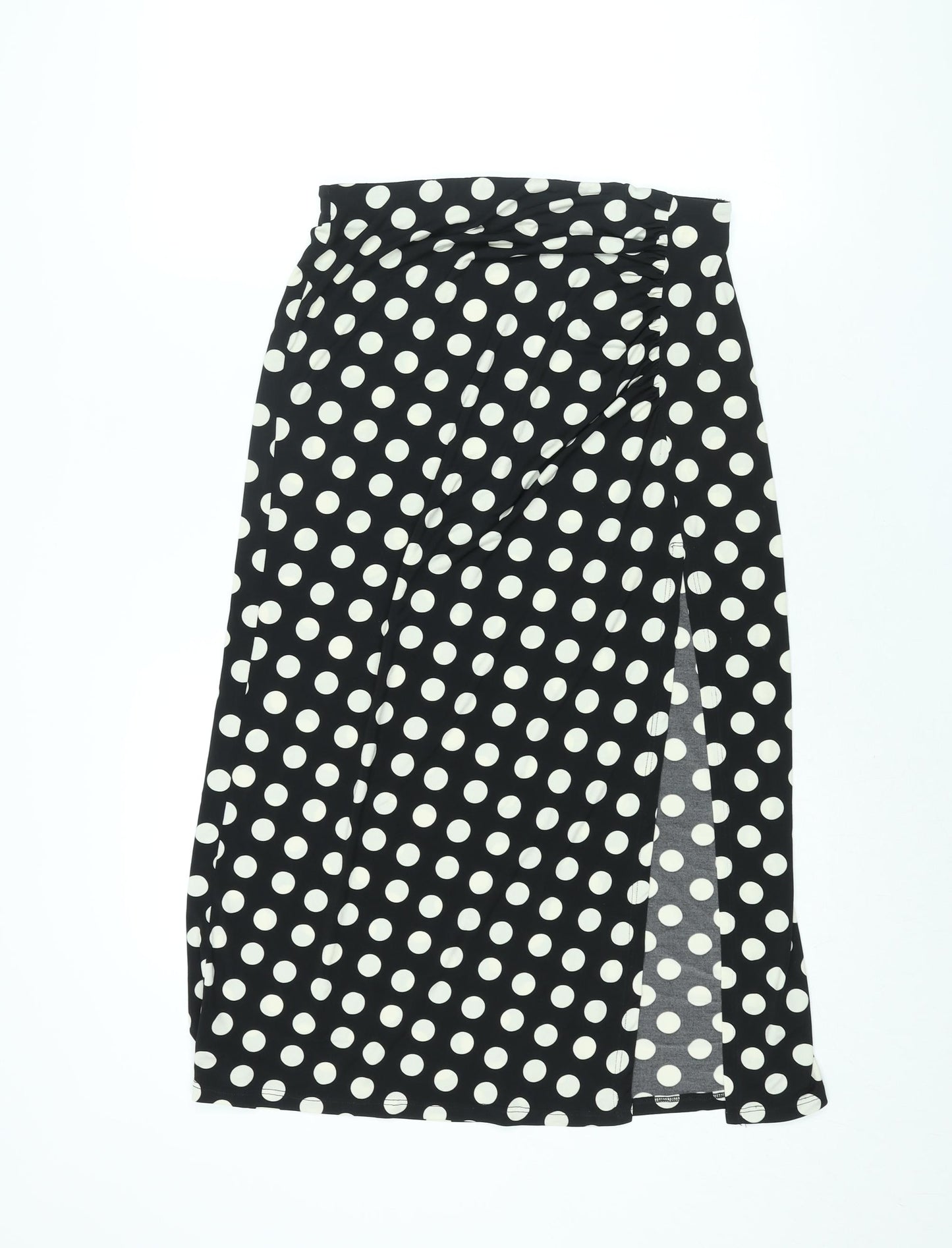 Stradivarius Womens Black Polka Dot Polyester A-Line Skirt Size L - Rouched Front Slit