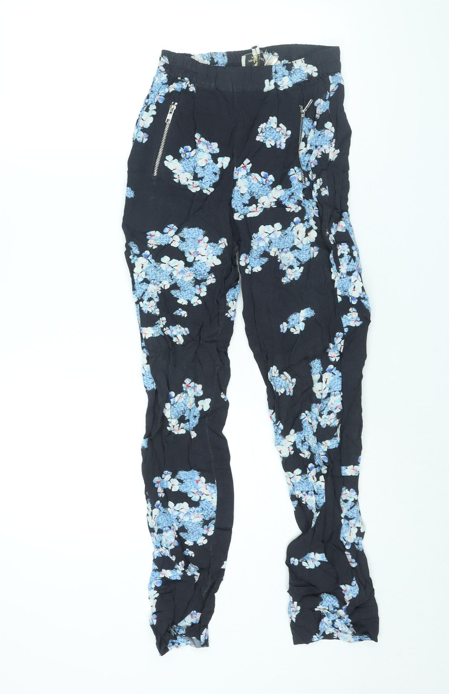 Primrose Park Womens Blue Floral Viscose Trousers Size XS L29 in Regular - Zip Pocket