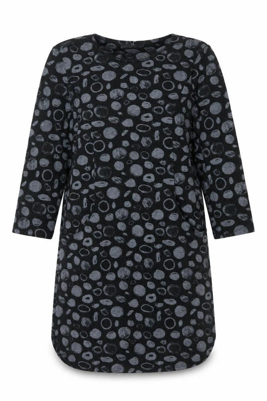 Front view of Roman women’s black geometric polyester shift, size UK 12, round neck pullover