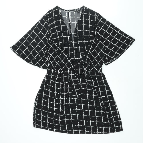 Miss Selfridge Womens Black Geometric Polyester A-Line Size 12 Round Neck Button - Tie Detail