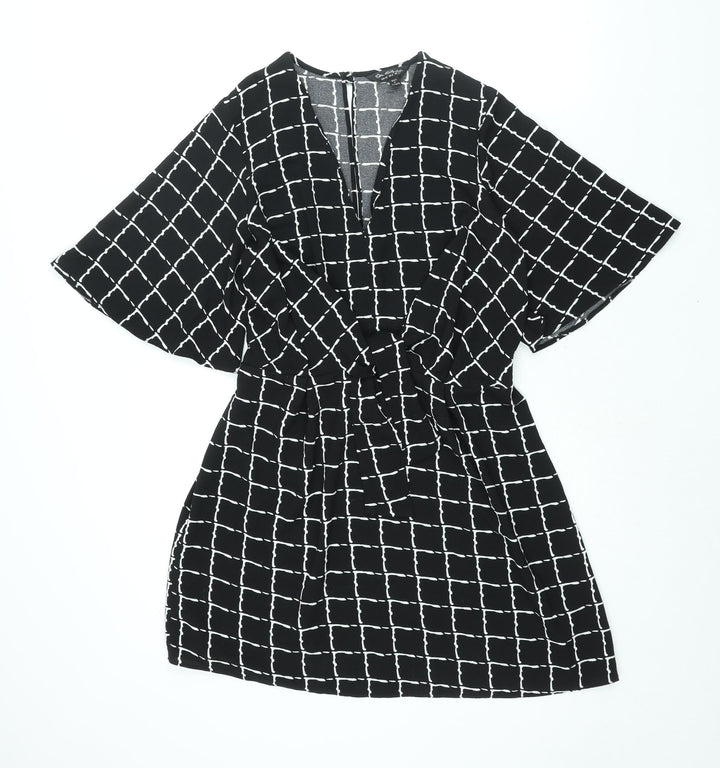 Miss Selfridge Womens Black Geometric Polyester A-Line Size 12 Round Neck Button - Tie Detail