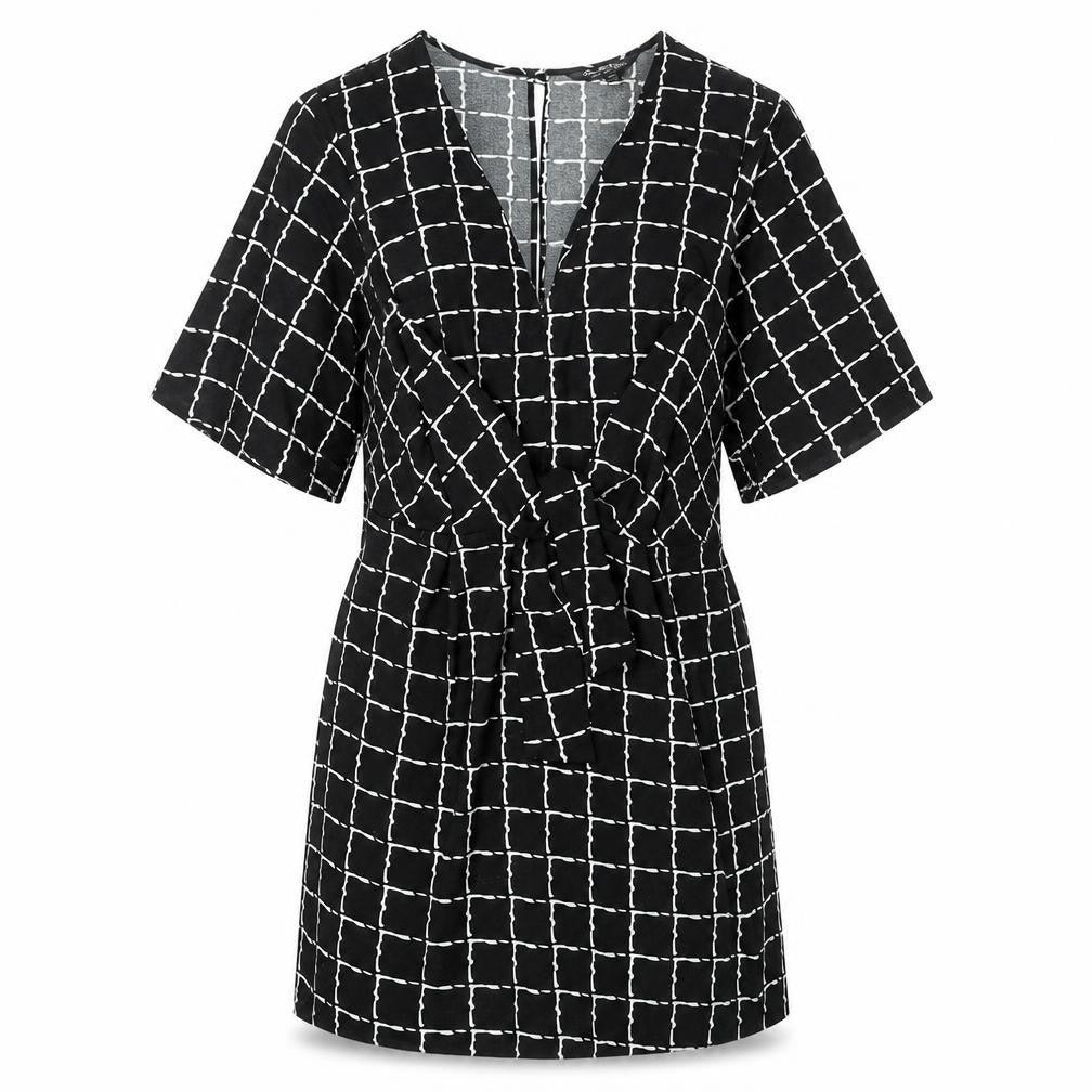 Miss Selfridge Womens Black Geometric Polyester A-Line Size 12 Round Neck Button - Tie Detail