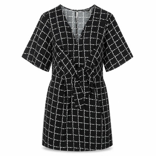 Front view of Miss Selfridge women’s black geometric polyester a-line, size UK 12, round neck button - tie detail