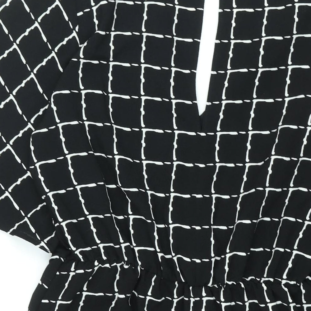 Miss Selfridge Womens Black Geometric Polyester A-Line Size 12 Round Neck Button - Tie Detail