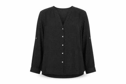 Front view of H&M women’s black polka dot polyester basic blouse, size UK 8, v-neck