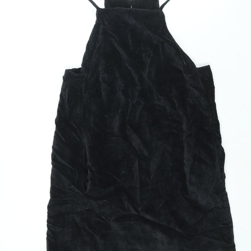 Topshop Womens Black Cotton Pinafore/Dungaree Dress Size 12 Square Neck Hook & Eye