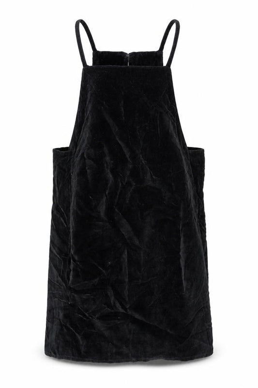 Front view of Topshop women’s black cotton pinafore/dungaree dress, size UK 12, square neck hook & eye
