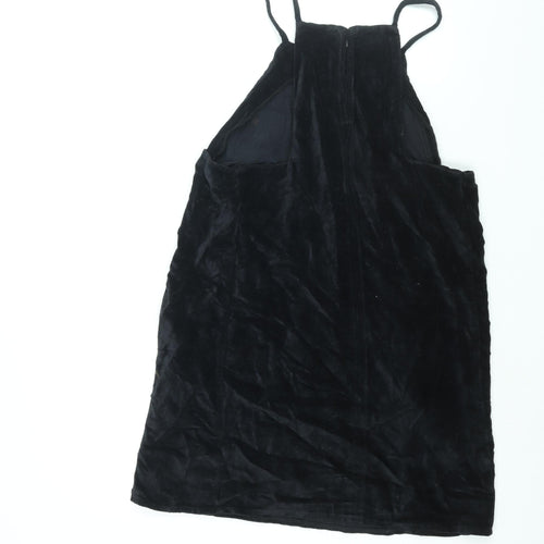 Topshop Womens Black Cotton Pinafore/Dungaree Dress Size 12 Square Neck Hook & Eye
