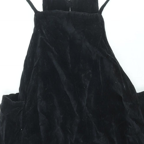 Topshop Womens Black Cotton Pinafore/Dungaree Dress Size 12 Square Neck Hook & Eye