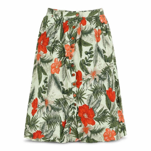 Front view of The Collection women’s green floral viscose peasant skirt, size UK 12, button