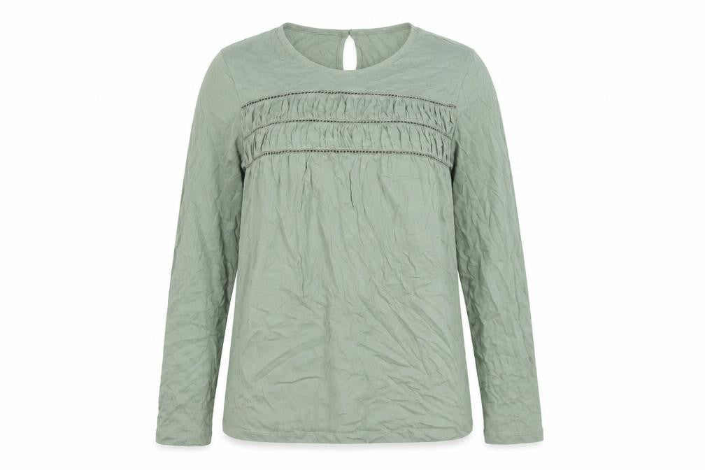 Front view of Marks & Spencer women’s green viscose basic blouse, size UK 10, round neck - rouched detail