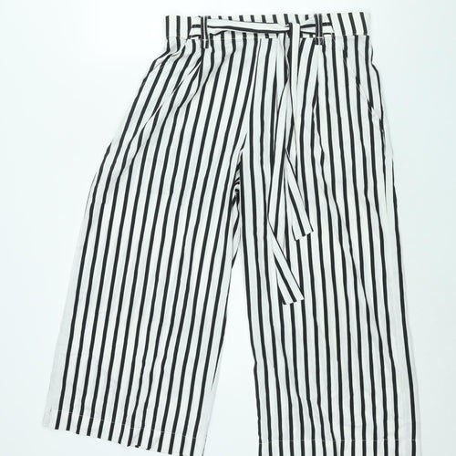 Zara Womens White Striped Polyester Cropped Trousers Size L L22 in Regular - Elasticated Waist Tie