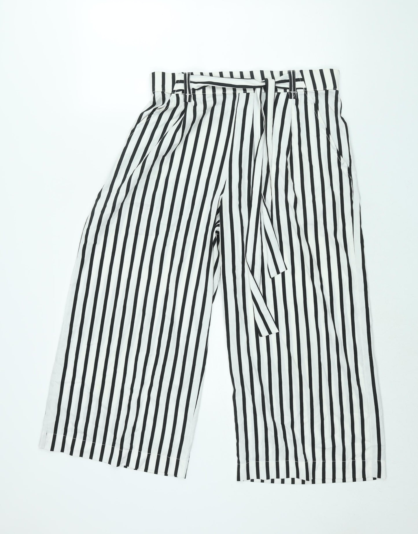 Zara Womens White Striped Polyester Cropped Trousers Size L L22 in Regular - Elasticated Waist Tie