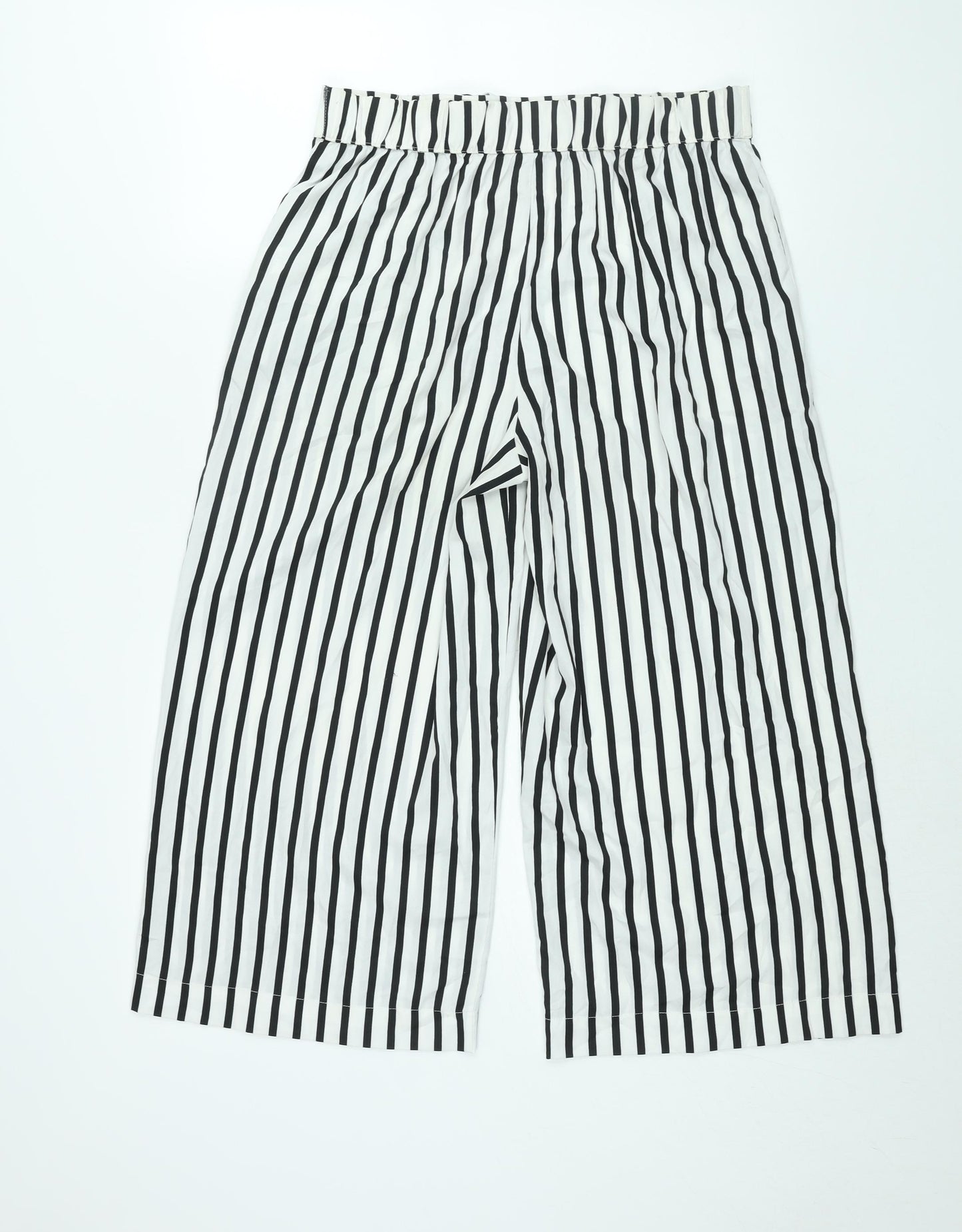 Zara Womens White Striped Polyester Cropped Trousers Size L L22 in Regular - Elasticated Waist Tie