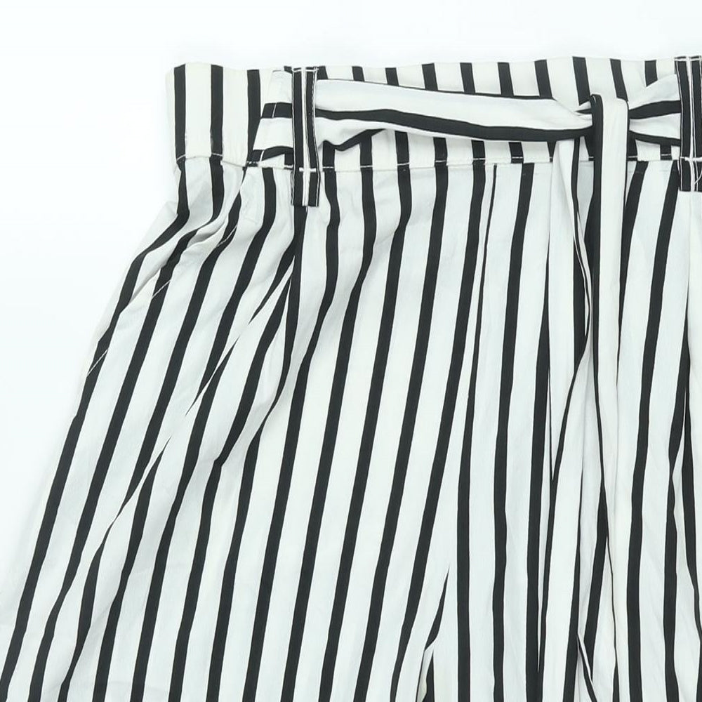 Zara Womens White Striped Polyester Cropped Trousers Size L L22 in Regular - Elasticated Waist Tie