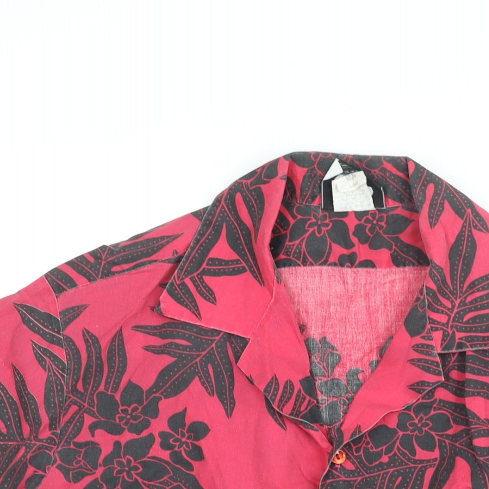 Hilo Hattie Mens Pink Geometric Cotton Button-Up Size L Collared Button - Plant Print Hawaiian